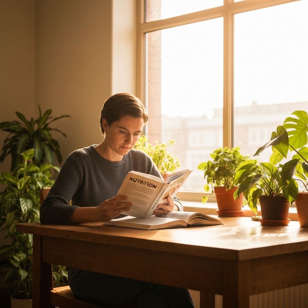 A person reading a book about nutrition at a warm, naturally lit wooden desk