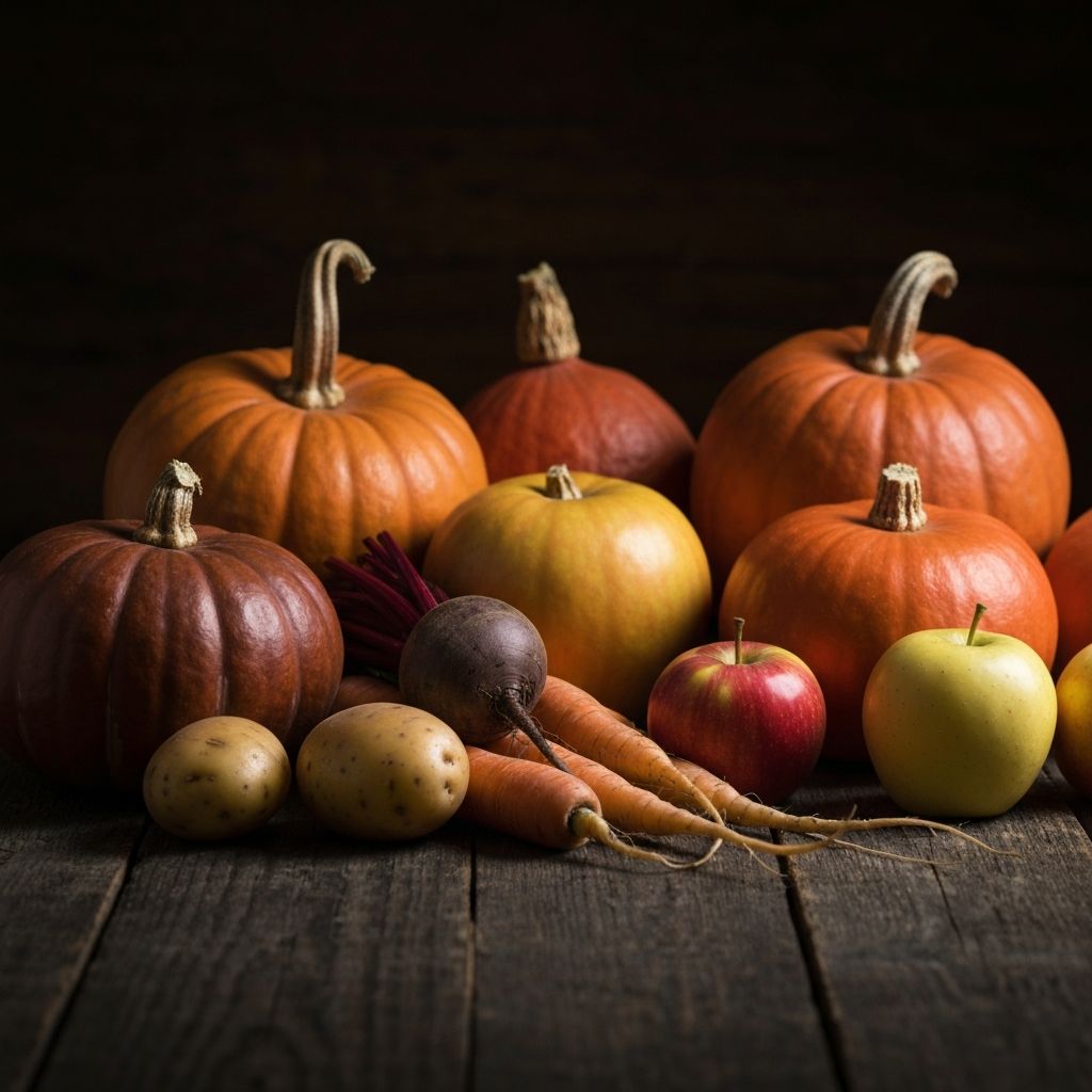 Seasonal autumn harvest vegetables and fruits