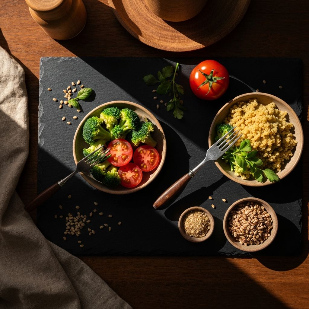 A vibrant, cinematic arrangement of fresh whole foods including vegetables, grains and herbs