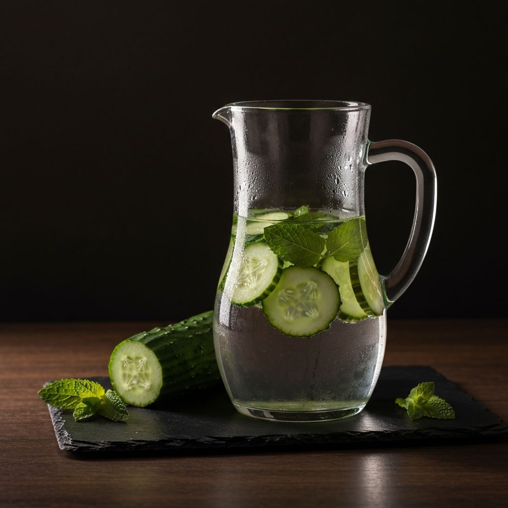 A glass pitcher of water with cucumber and mint on a dark slate surface