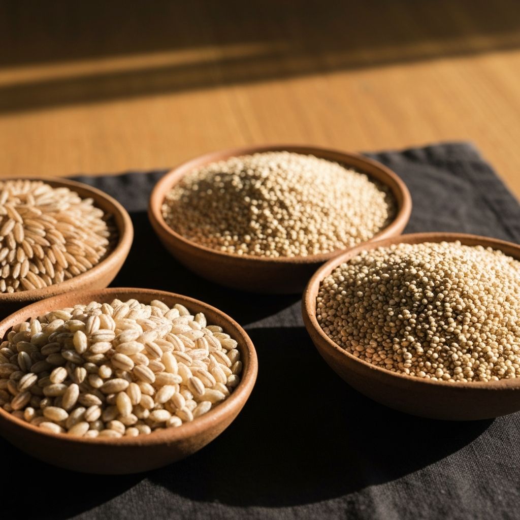 Whole grains and oats in ceramic bowls